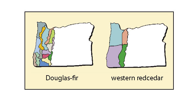 Figure 6.4 - Example of seed zones for Douglas-fir and western redcedar (St. Clair and Johnson 2003; Withrow-Robinson and Johnson 2006).